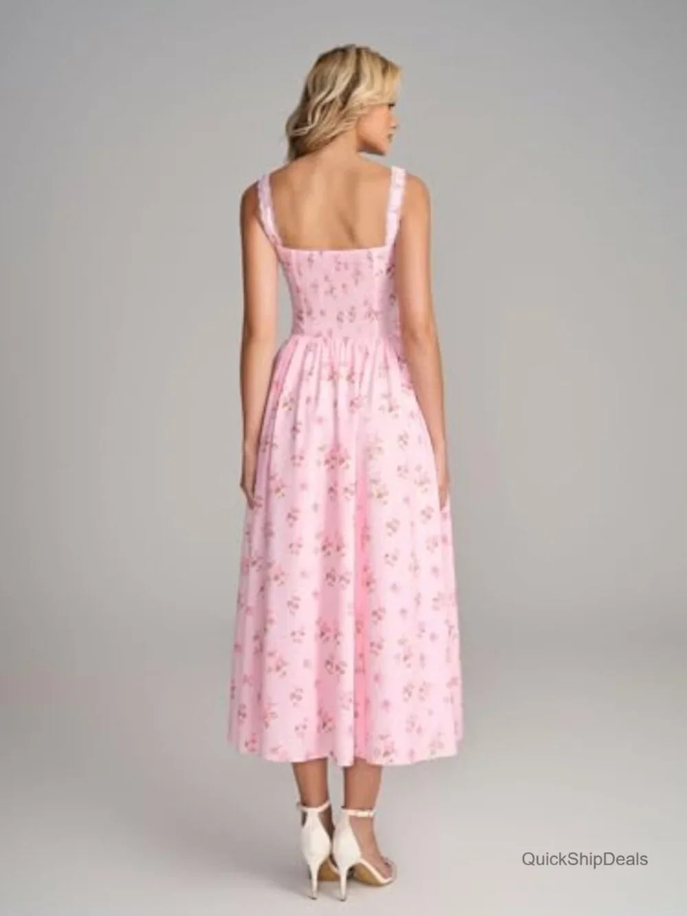 Women's Lace Corset Midi Dress Flowy Smocked A-Line with Pockets - Picture 3 of 7